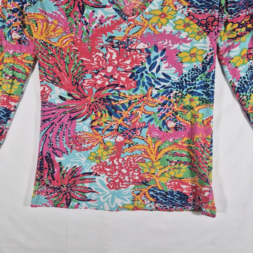Lilly Pulitzer Women's XS Floral Long Sleeve Top Pink Blue Tropical V Neck - Picture 4 of 9